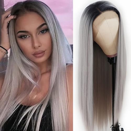 PlatinumHair Ombre Gray Lace Front Wig 24 Inch Long Straight Synthetic Heat-Resistant Fiber for Women - Pack of 1