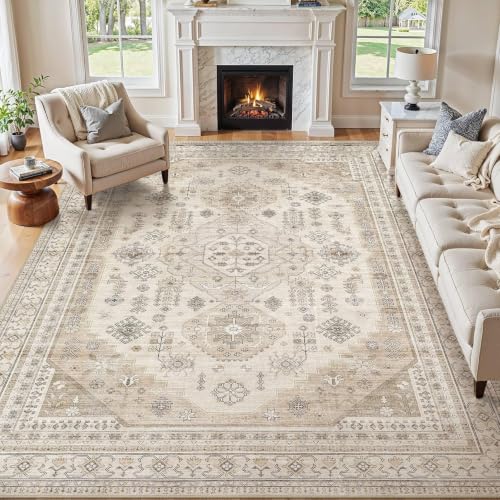 Beige 9x12 Washable Area Rug - Vintage Style, Soft Non-Slip Living Room Carpet