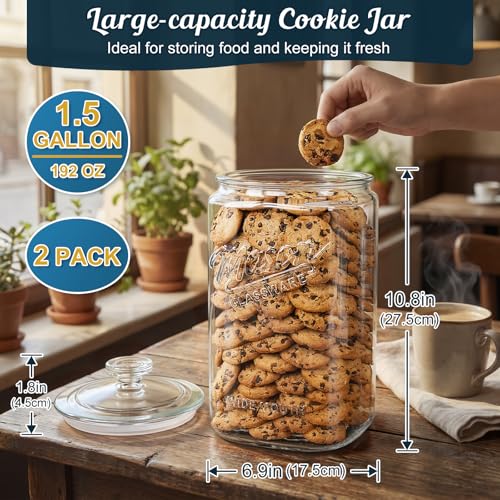 1.5 Gallon Airtight Glass Cookie Jars with Lids - 2 Pack, Mason Style, Food Storage