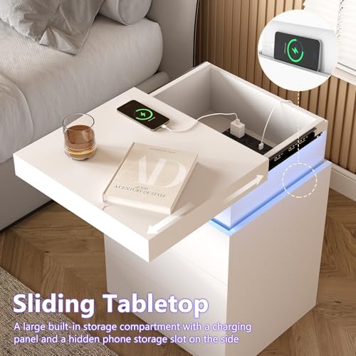 White Nightstand with Charging Station & RGB LED Lights - 17.72"W x 15.75"D x 26.57"H