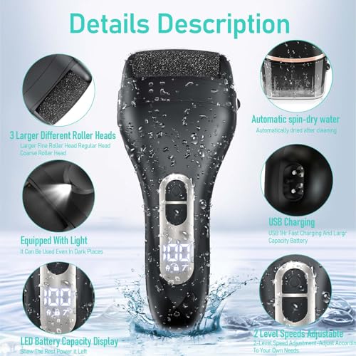 Electric Callus Remover for Feet - with Larger Grinding Head, Portable Pedicure Kit Foot File Callus Remover, Rechargeable Waterproof Foot File for Foot Care Deadskin Remover LCD Display-Black