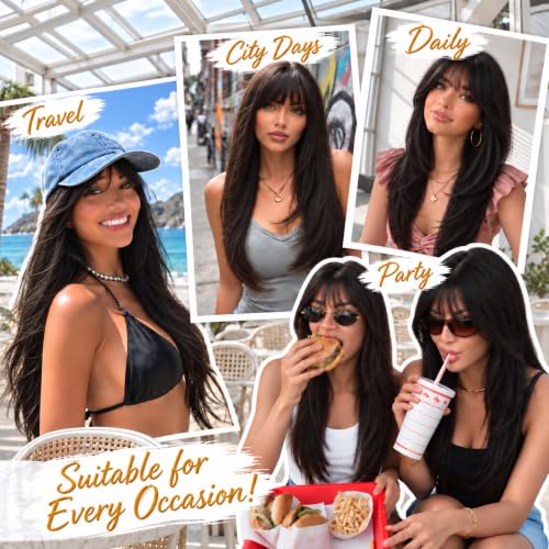 Black 26-Inch Layered Wig with Bangs for Women - Natural Straight Style