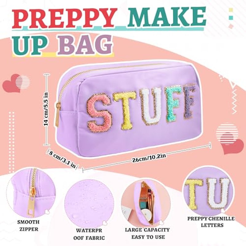 2 Pcs Travel Preppy Duffle Bag and Chenille Letter Makeup Pouch Cosmetic Zipper Patch Weekender Carry on Tote Bag for Women(Light Purple)