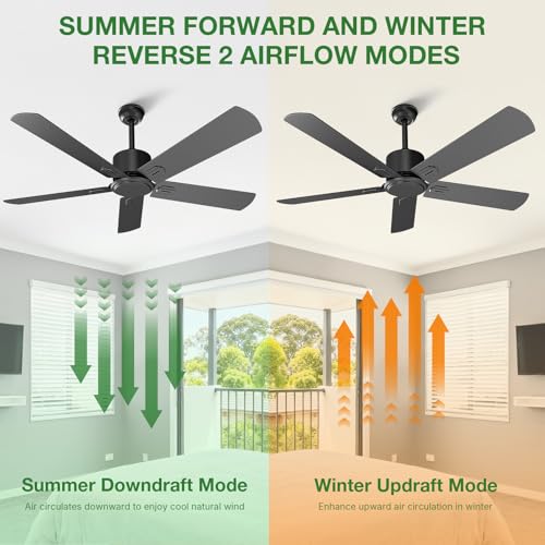 Obabala 52-Inch Black Outdoor Ceiling Fan No Light with Remote, 6-Speed Reversible DC Motor