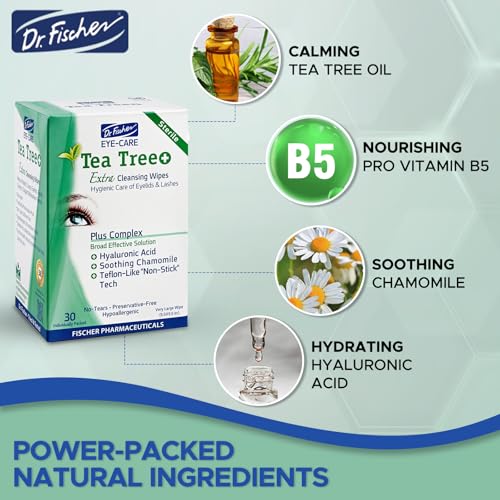 Dr. Fischer Tea Tree Eye Wipes with Hyaluronic Acid & Chamomile, 60 Wipes (Tea Tree / 30 Count Pack of 2)