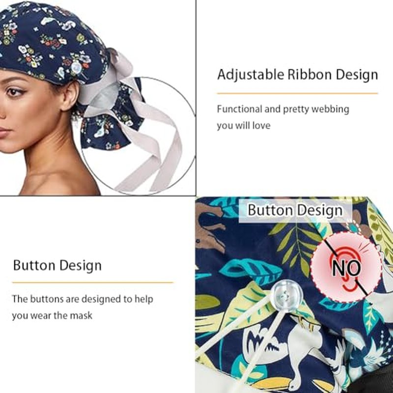 8Pcs Satin Lined Scrub Caps Women, Surgical Caps for Women, Adjustable Scrub Hats Womens Ponytail with Button and Sweatband, Nurse Cap for Unisex, Working Cap, Elastic Ponytail Pouch Tie Back