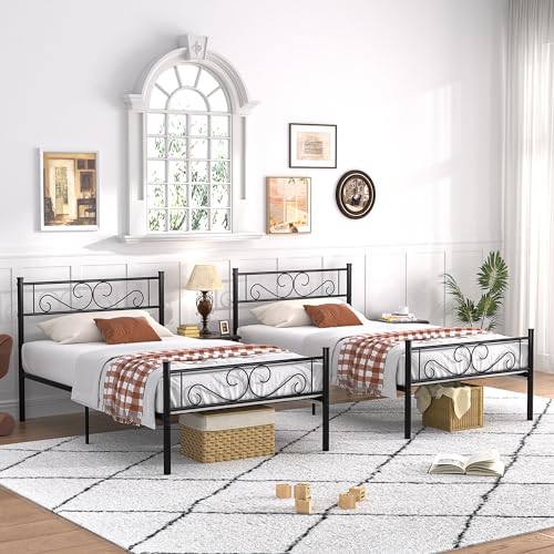 Twin Size Metal Bed Frame with Headboard - 14 Inch Platform Mattress Foundation, Easy Assembly, Black - Variation of Black / Twin*2