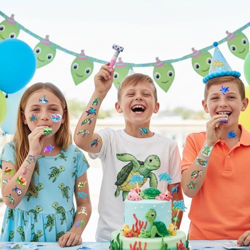 Turtle Temporary Tattoos | Under The Sea Theme Turtle Birthday Party Decorations Party Favors Supplies Accessories Stickers Ocean Theme Gift Idea For Kids Boy Girl Teen Adult 60Pcs 4 Sheets Pre-cut