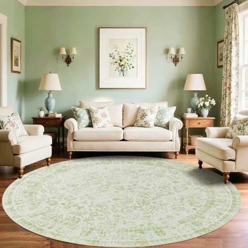 Sage Washable Area Rug 6x6 Vintage Floral Pattern for Living Room - Round 6' Sage Green