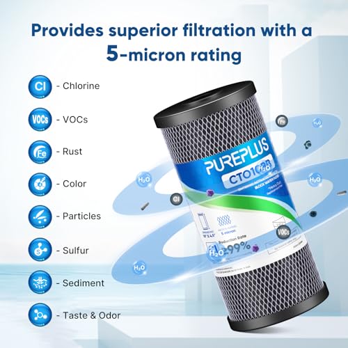 PUREPLUS 5 Micron 10x4.5 Inch Whole House Carbon Water Filter 3 Pack - NSF Certified
