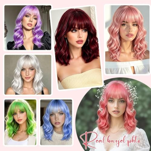 Sweetie Blush Pink Wavy Bob Wig with Bangs - Shoulder Length Synthetic Cosplay Hair (Soft Blush Pink)