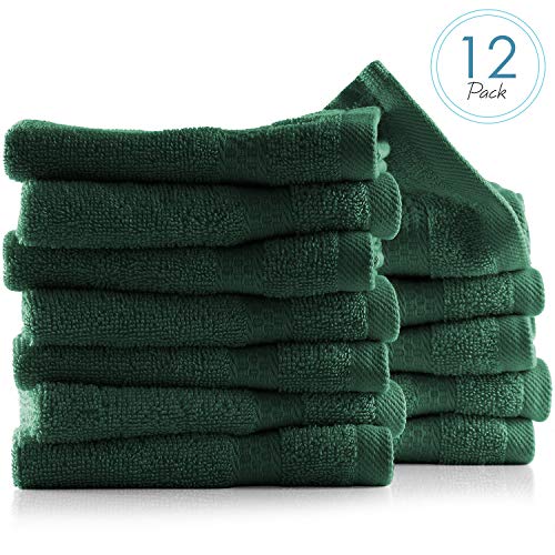 Hearth & Harbor Hunter Green Cotton Washcloths 12 Pack - Soft, Absorbent 13x13" Body & Face Towels