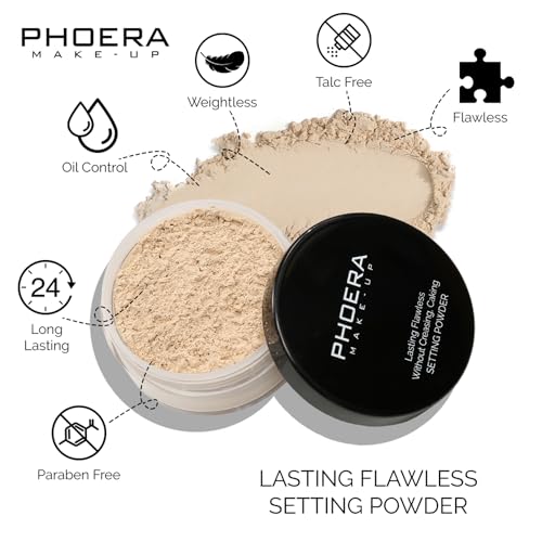 PHOERA Foundation Full Coverage,PHOERA Face Powder, Soft Focus Setting Powder, PHOERA Makeup Lightweight Wrinkles Matte Natural Finish for a Flawless Complexion (105 Sand+N.02 Cool Beige)