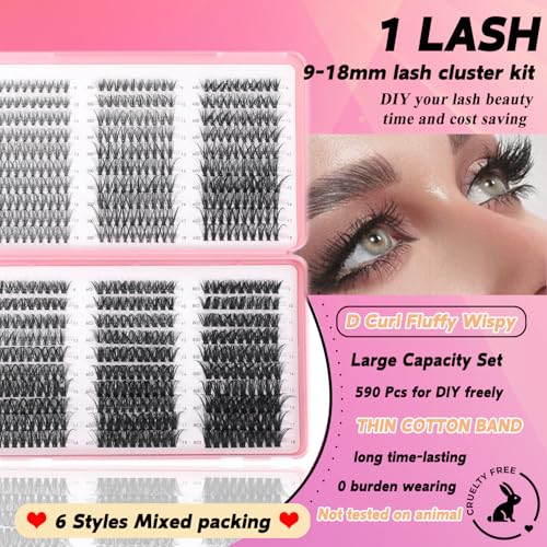 Lash Clusters Kit, 560 Pcs Eyelashes Clusters Kit 9-18mm Individual Lash Extension Kit D Curl Flufffy Wispy False Eyelashes (20D+30D+40D+50D+60D+80D, Lash Clusters)