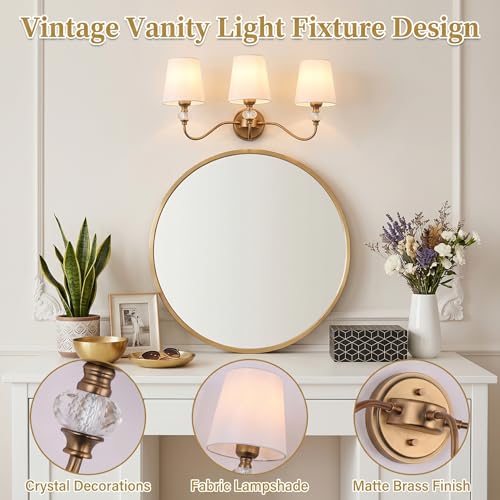 Brass 3-Light Vintage Bathroom Vanity Light Fixture with Fabric Shades - Over Mirror, Crystal Accent, Modern Wall Sconce, E26 Base
