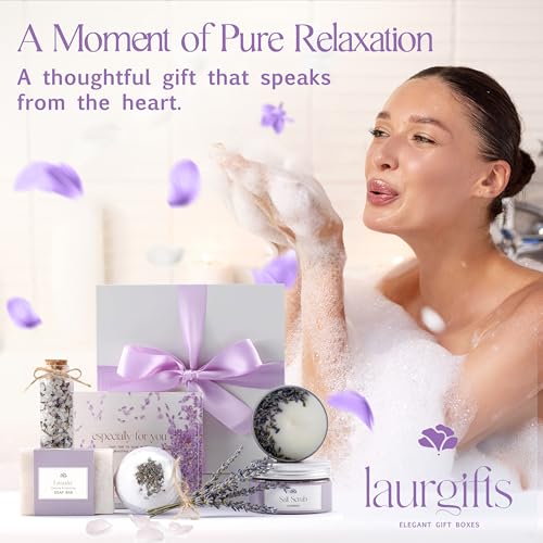 Lavender Spa Gift Basket for Women – Self Care Set with Candle, Bath Bomb & More