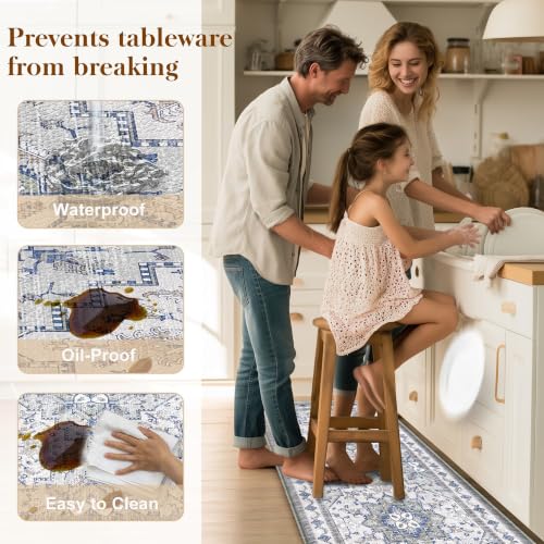 Tubeamin Blue Grey 2-Piece Boho Kitchen Mat Set 23.6x39 + 23.6x59 Inches Anti-Fatigue Waterproof Non-Slip Floor Rugs