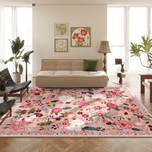 WARMYS 8x10 Pink Boho Floral Washable Area Rug - Dusty Pink & Green