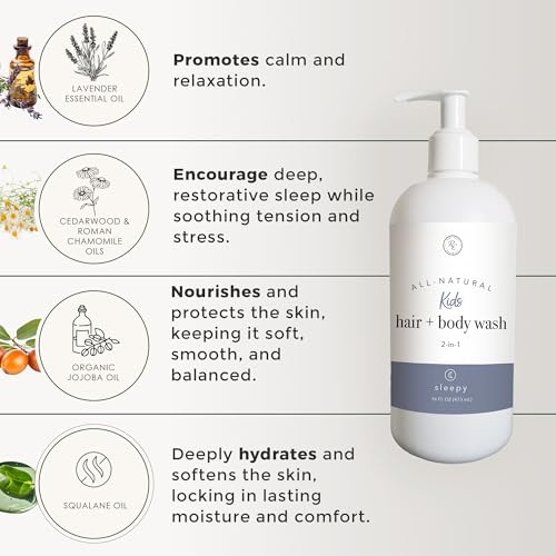 Rowe Casa Organics 2-in-1 Kids Hair & Body Wash with Therapeutic Essential Oils ? Sleepy Kids Shampoo & Body Wash with Floral, Relaxing & Calming scent ? 16 Fl. Oz