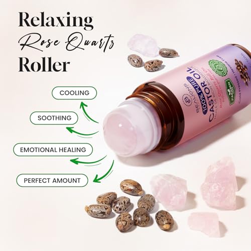 Castor Oil Roll On for Face: Castor Oil with Rose Quartz Roller for Massage - Deep Hydration Skin Moisturizer - Birthday Valentine Gifts for Women 35-65 (1.7 FL. OZ.)