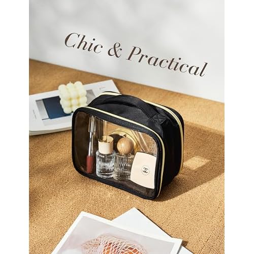 Yarnic Clear Travel Makeup Bag Transparent Portable Toiletry Bags Two Compartments Cosmetic Bag with Handle Nylon and PVC Makeup Organizer Pouch Black