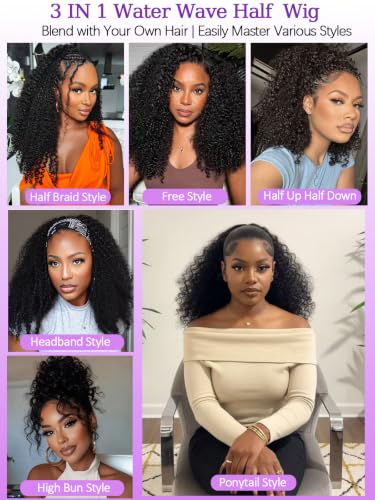 Black Water Wave Half Wig 18 Inch Human Hair 3-in-1 Glueless Headband Wig for Women