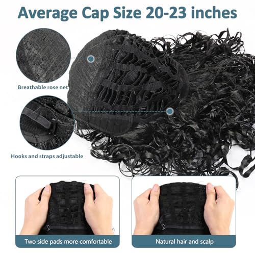 Mens Black Curly Shoulder Length Wig - Fluffy Realistic Cosplay Hair