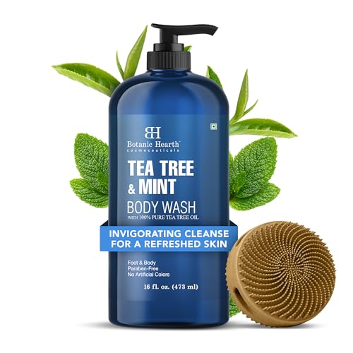 Botanic Hearth Tea Tree & Mint Body Wash with Silicone Body Brush - 16 fl oz, Refreshing Shower Set