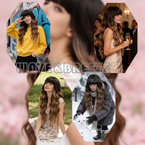 26 Inch Brown Highlights Blonde Wavy Wig with Bangs - Synthetic, Heat-Resistant Hairpiece