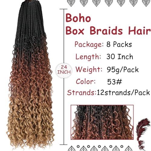 30 Inch Boho Box Braids Hair Set - 8 Packs Synthetic Crochet Hair for Women - Curly Ends, Pre-Looped, Natural Black