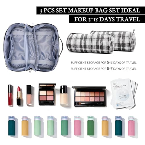 BOYATU E-1-Black 3 Pcs Travel Makeup Bag Set | Scottish Plaid Cosmetic Bags