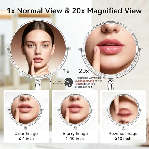 8-Inch Dual-Sided Makeup Mirror with 20X Magnification, 360° Rotation, Chrome Finish