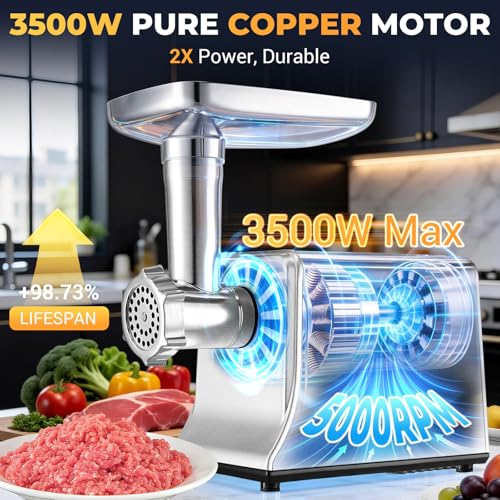 Electric Meat Grinder with Kubbe & Sausage Attachments - Silver