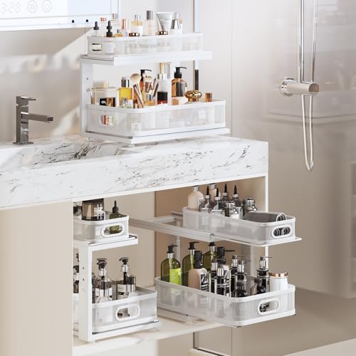 Corbyles 2-Pack White 18.5" Under Sink Organizer with Adjustable Height, Mesh Drawers, Ball-Bearing Slides