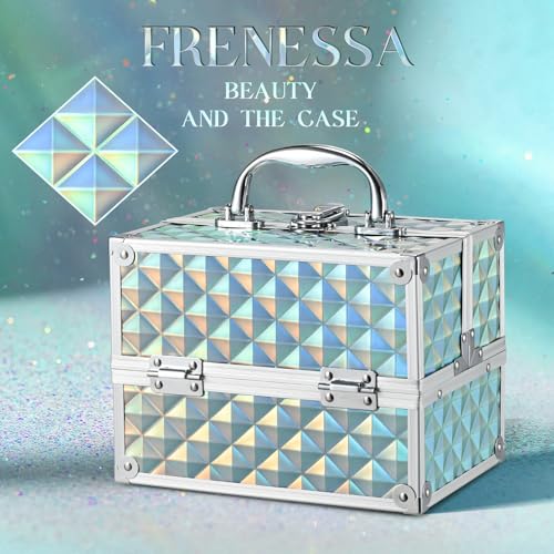 FRENESSA Shiny Blue Makeup Train Case Portable Organizer with Lock | 4-Tier Cantilever Cosmetic Box