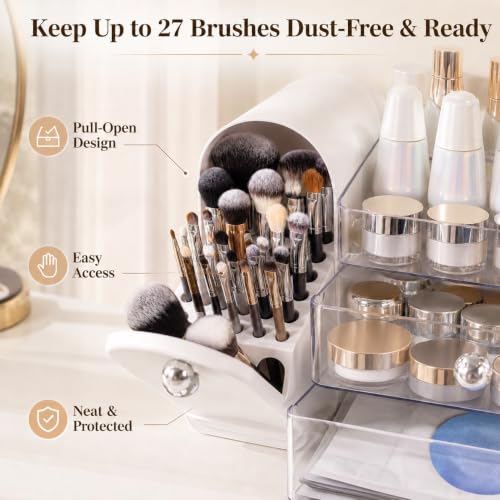 Large Makeup Organizer with 27 Brush Slots and Drawer Storage