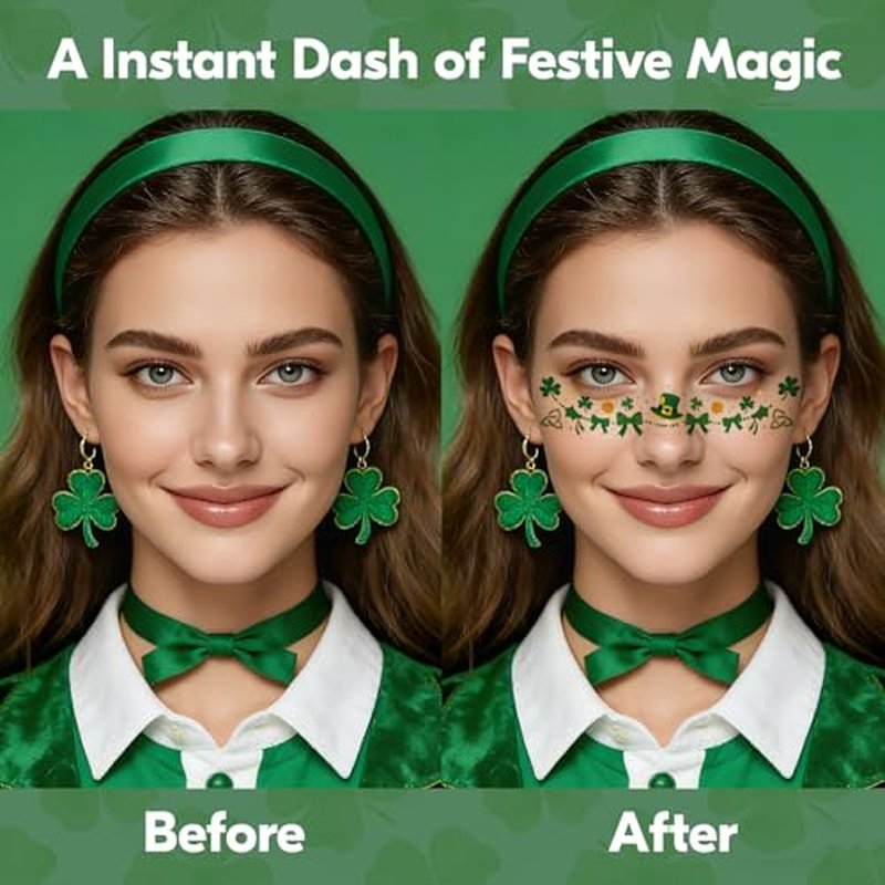28PCS St. Patrick's Day Glitter Face Temporary Tattoo, Glitter Gold Green Freckles Shamrock Face Stickers, Saint Patricks Fake Tattoos for Adult Women Girls, St. Patrick¡¯s Day Makeup Accessories