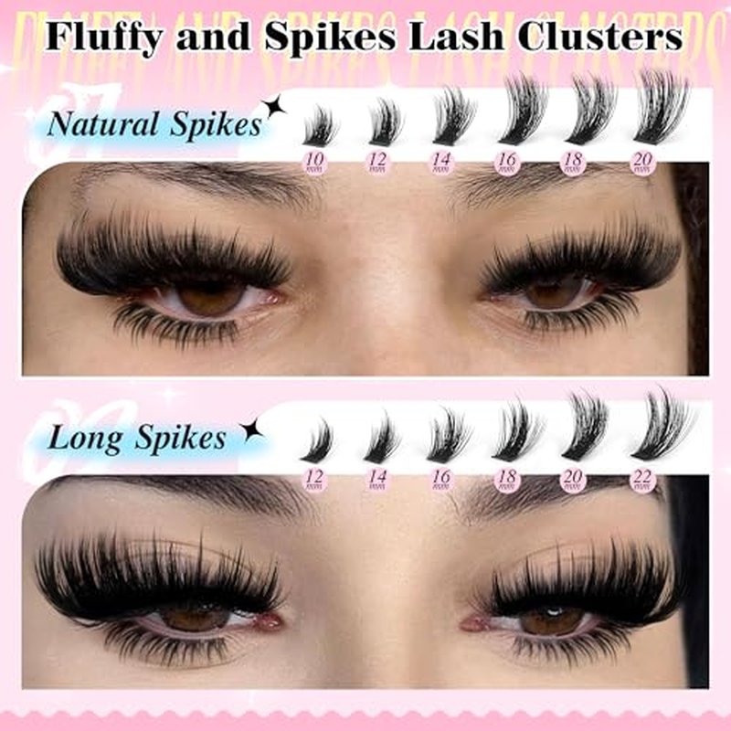Fluffy Lash Clusters Kit with Bottom Lashes Spikes Cluster Eyelash Extension 10-22MM Volume Lash Extension Kit with Bond and Seal Lash Glue, Lash Tweezers DIY at Home for Beginner Eyelash Brush