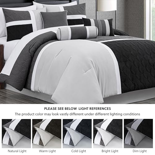 Chezmoi Collection Upland 7-Piece Quilted Patchwork Comforter Set Queen Black Gray Light Gray