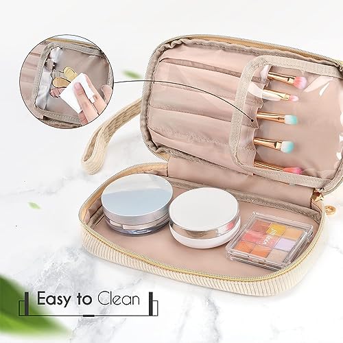 Personalized Makeup Bag for Girls - Initial Women Travel Cosmetic Organizer, Double Layer with Brush Holder - L