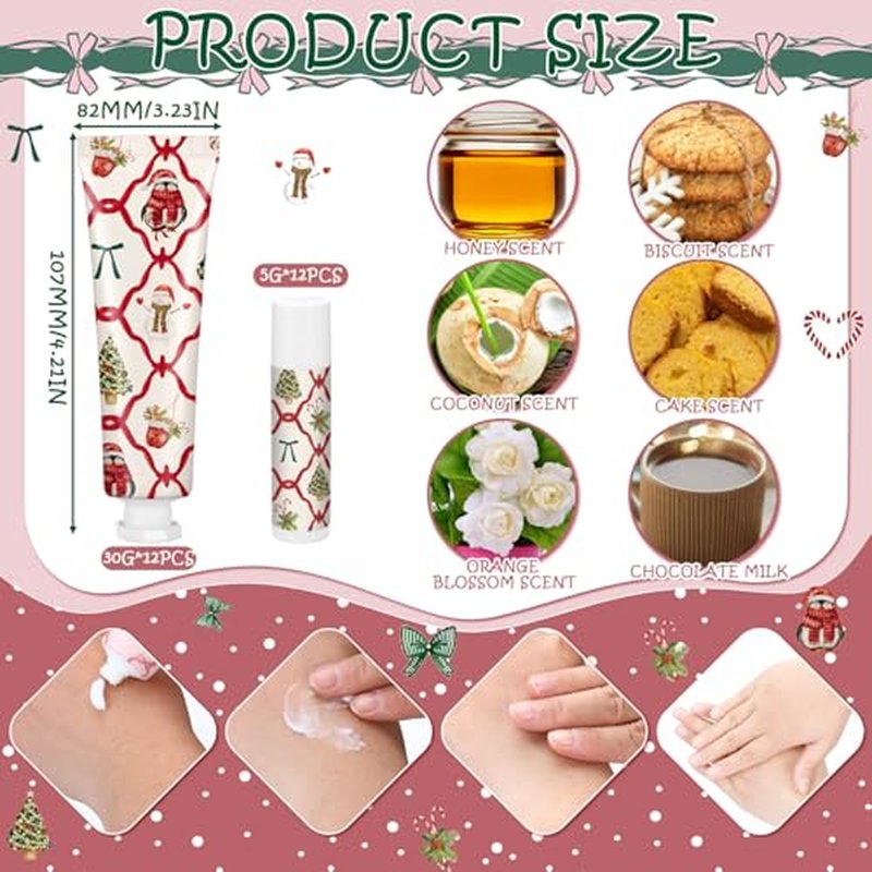 24 Pcs 12 Sets Valentine's Day Hand Cream and Lip Balm Bulk Gift Set, 6 Scents Coquette Bow Valentine's Day Travel Size Hand Lotion Lip Care Gift for Women Staff Coworkers