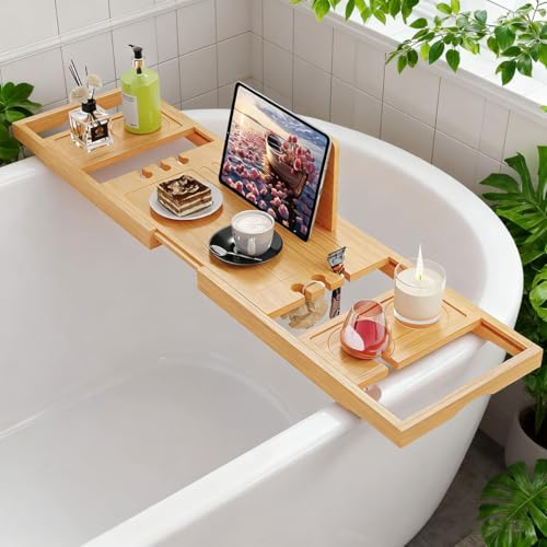 Wooden Bathtub Caddy Tray with Adjustable Slots for Wine Phone Candle Spa