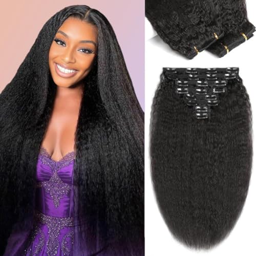 Kinky Straight Clip-In Hair Extensions 20 Inch Natural Black Human Hair - 8 Pcs