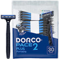 Dorco Pace 2 Plus Disposable Razors for Men (30ct), 2 Blades Shaving Razor, Pivoting Head, Open-Flow for Easy Rinsing, Lubricating Strip, Long Non-Slip Rubber Handle