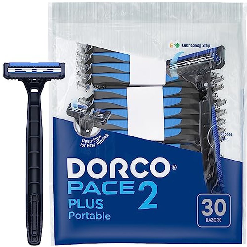 Dorco Pace 2 Plus Disposable Razors for Men (30ct), 2 Blades Shaving Razor, Pivoting Head, Open-Flow for Easy Rinsing, Lubricating Strip, Long Non-Slip Rubber Handle