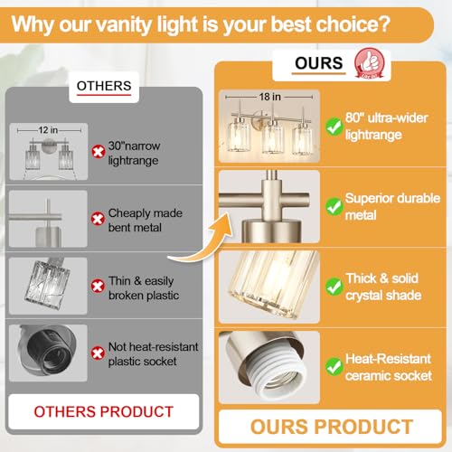 Brushed Nickel 3-Light Bathroom Vanity Light Fixture with Crystal Shades - Modern Wall Sconce for Mirror, Bedroom, Hallway