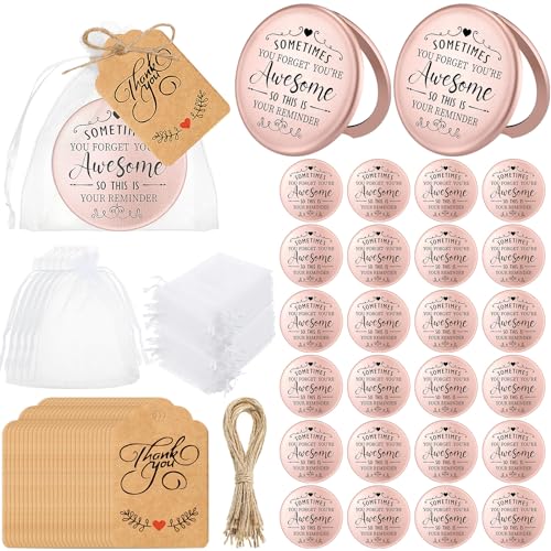 Soaoo 24 Set Inspirational Compact Mirror Bulk Metal Round Shell Sometimes You Forget Your Awesome Gifts for Women Appreciation Double-Sided Purse Mirrors Employee Coworker Women Day Wedding Gift