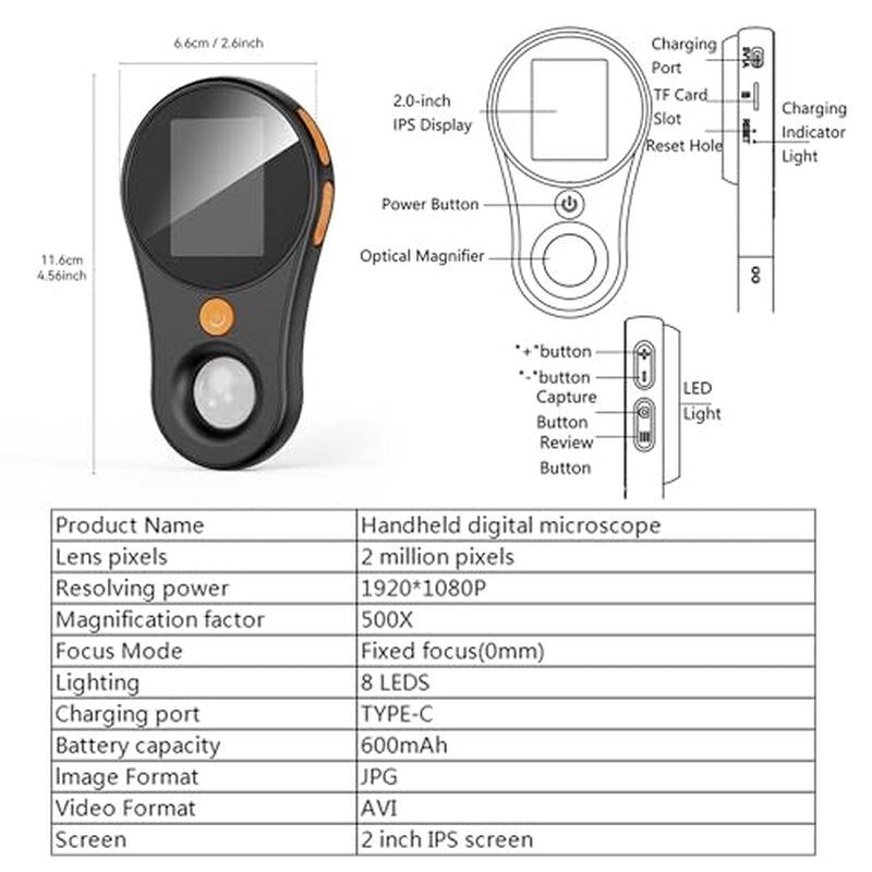 Handheld Dermatoscope Skin Analyzer Machine, Wireless Portable Digital Microscope with 1080P IPS Screen 8 LEDs, 500X Magnifier, for Scalp/Hair Trichomes Facial Skin Dermatoscope