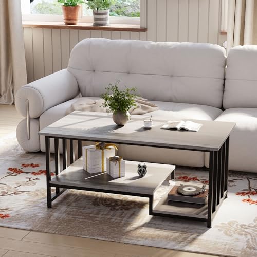 Modern 2-Tier Wooden Coffee Table with Storage - Rustic Gray, 39.4"