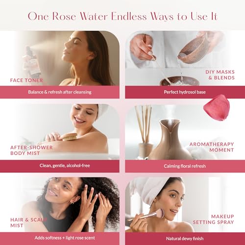 Organic Rose Water Face & Hair Mist - Pack of 3 - 4 Fl Oz Each, USDA Certified